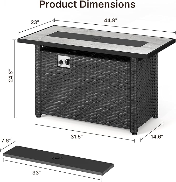 Gizoon 45" Gas Fire Pit Table, Propane Fire Pit with Glass Rocks, Waterproof Cover and Pe Rattan, Outdoor Patio Fire Pits for Backyard, Garden, Party