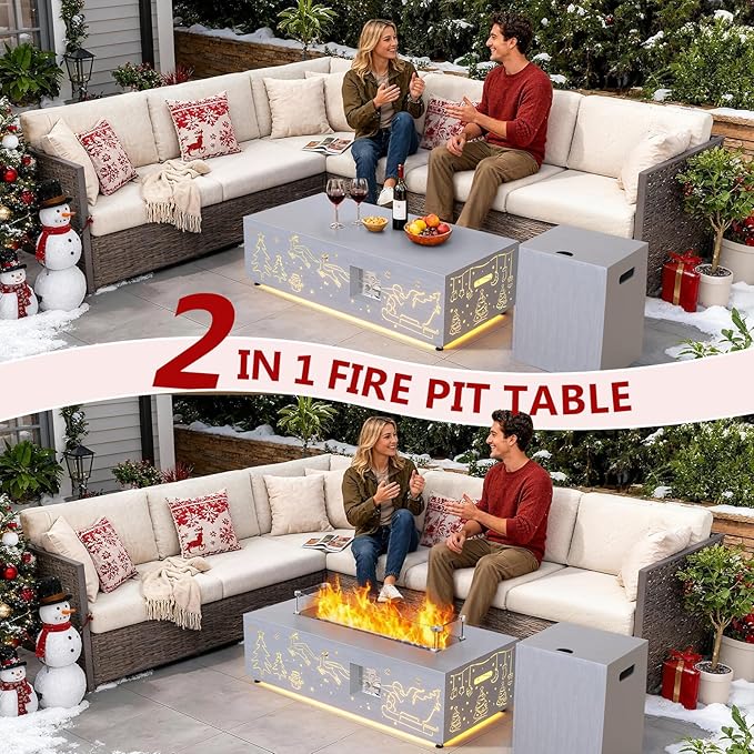 Dineli Propane Fire Pit Table 42 Inch Gas Fire Pits & Outdoor Fireplaces w LED, Tabletop Fire Pit Firepits for Outside Patio, 50,000 BTU (Light Gray, Christmas Pattern with Warmlight)