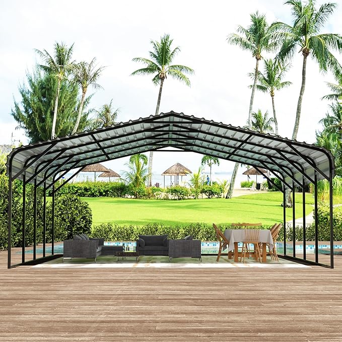 EBE 20' x 20' Metal Carport, Outdoor Heavy Duty Carports with Updated Galvanized Roof and Enhanced Base, Canopy Carport Garage Shade for Car, Truck, Boat