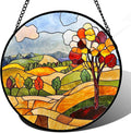 QZQCBLC Stained Glass Window Hanging Orange Mountains Trees Farm Landscape 6.3" - Suncatcher Door Garden Sun Catcher Home Decor Birthday Christmas for Mom Men Woman Friend
