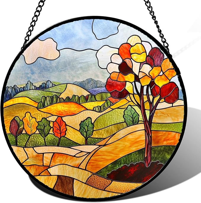 QZQCBLC Stained Glass Window Hanging Orange Mountains Trees Farm Landscape 6.3" - Suncatcher Door Garden Sun Catcher Home Decor Birthday Christmas for Mom Men Woman Friend