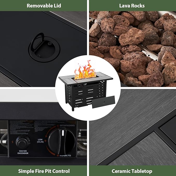 Aoxun 42" Propane Fire Pit Table Ceramic Top, 60000 BTU Outdoor Patio Heater with Lava Rocks, Rectangle Gas Fire Pits for Outside Patio with Removable Lid, Black