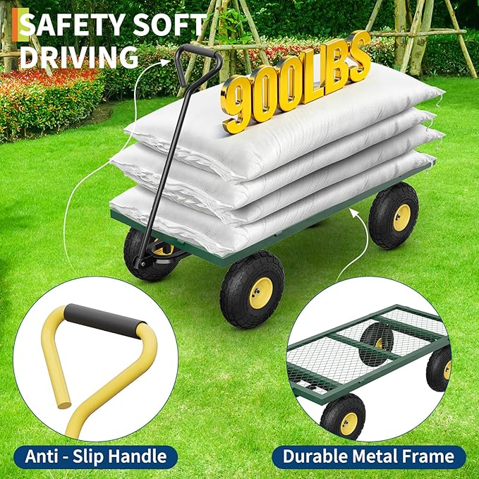 900 LBS Garden Cart with Removable Mesh Sides, Heavy Duty Steel Garden Wagon with Adjustable Handles & 10" Pneumatic Tires, Utility Wagon for Lawn Camping Farm Yard, Green+Black