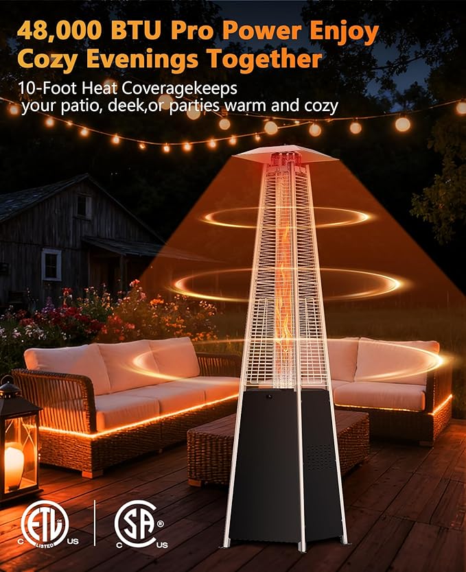 HUGROVE Pyramid Patio Heater, 48,000 BTU Rapid Heating Outdoor Propane Heater With Wheels and Weatherproof Cover, Triple Protection System for Patio, Backyard, Garden, Pool