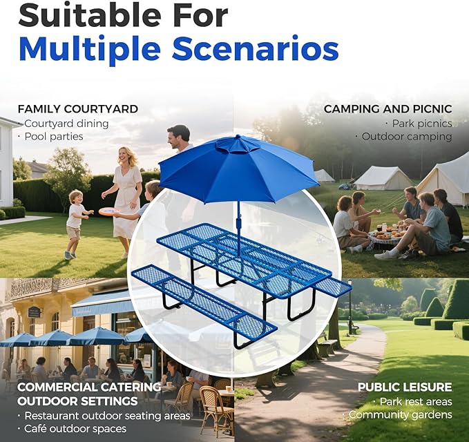 Rueekfil 72" Coated Picnic Table with Umbrella Hole, Heavy Duty Commercial Picnic Table for Outdoors, Family & Party Ready for School Camping, Rectangular, Blue