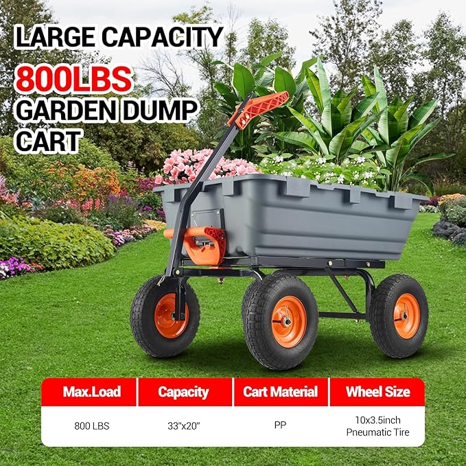Garden Dump Cart, 800 LB Capacity, Heavy Duty Yard Wagon with All Terrain Tires & 180° Adjustable Handle, Durable Outdoor Gardening Cart for Lawn Yard, Grey