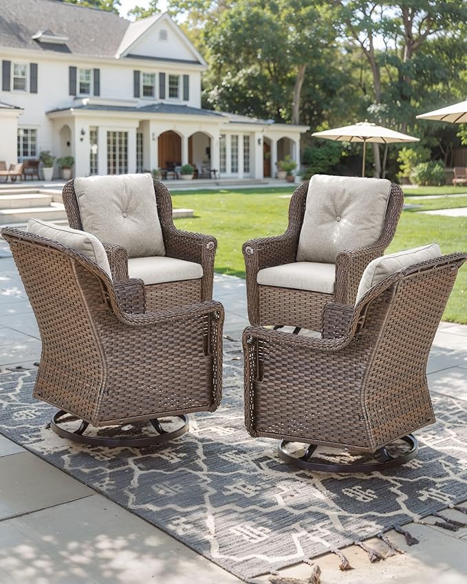 Patio Chairs Outdoor Swivel Glider - Set of 4 High Back Outside Brown Wicker Rattan Rocking Chair with Thick Cushion for Porch Apartment Deck Yard Poolside Garden - Beige