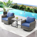 HUMMUH 3-Piece Patio Swivel Chairs,PE Wicker Outdoor Rocking Chairs Bistro Set with Side Table Porch Balcony Furniture with Cushions Blue