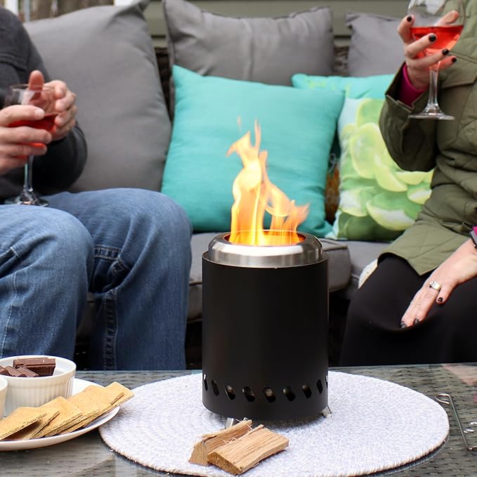 Sunnydaze Tabletop Smokeless Fire Pit with Foldable Legs, Storage Bag, and Poker - Pellet or Wood Burning Portable Fire Pit for Camping - 8-Inch H - Black