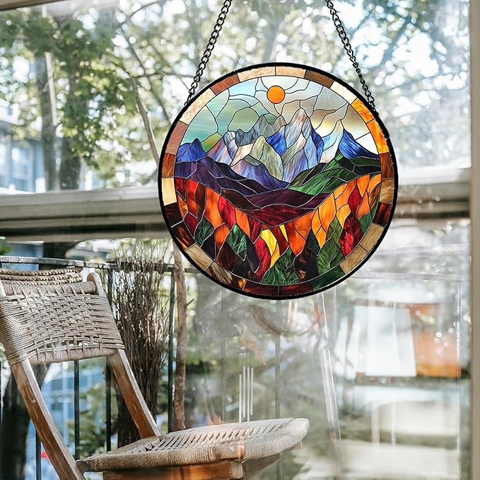 QZQCBLC Stained Glass Window Hanging Orange Sun Colorful Mountains Landscape Large 11.8" - Suncatcher Door Garden Sun Catcher Home Decor Birthday Christmas for Mom Men Woman Friend