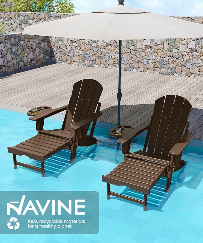 Adjustable Adirondack Chair with Retractable Ottoman Set of 2, HDPE Folding Adirondack Chair with Cup Holder, All Weather Fire Pit Chair for Outdoor,Coffee