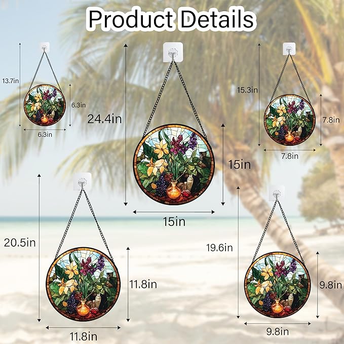 QZQCBLC Stained Glass Window Hanging Berry Plant Purple Yellow Flowers in Vase 9.8" - Suncatcher Door Garden Sun Catcher Home Decor Birthday Christmas for Mom Men Woman Nana