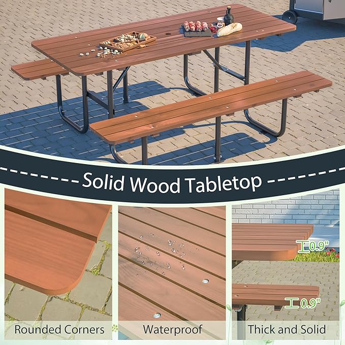 Rueekfil 72" Rectangular Commercial Picnic Table with Wooden Top, Metal Legs, Durable Outdoor Dining Table Camping Table with 1.97" Umbrella Hole for School, Warehouse, Brown