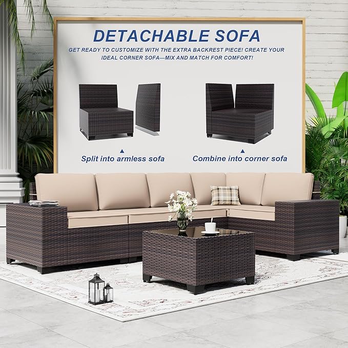 Outdoor Patio Furniture Set, 6 Pieces Outdoor Sectional Furniture High Backrest Patio Sofa, All-Weather PE Rattan Patio Conversation Set with Coffee Table & Cushions-Sand.