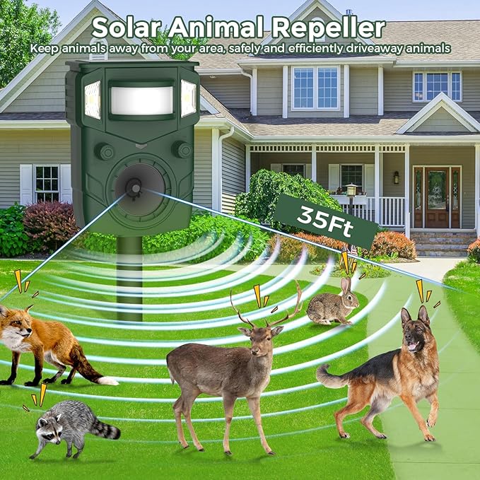Solar Ultrasonic Animal Repellent, Multi-Modes Deer Repellent Devices,Cat Deterrent Outdoor, Squirrel Raccoon Dog Deterrent with Motion Sensor & Ultrasonic Waves for Garden Yard 2PC