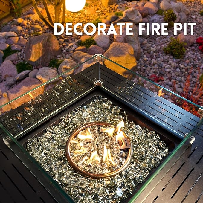 GasSaf Crystal Ice Fire Glass Cubes for Outdoor Fire Pit, Fireplace, Replaces Existing Gas Logs & Lava Rocks, 1 Inch Glass(10 Pound)(Crystal Ice Luster)