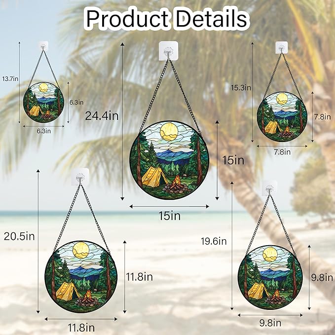 QZQCBLC Stained Glass Window Hanging Yellow Tent Forest Scenery 6.3" - Sunset Suncatcher Door Garden Sun Catcher Home Decor Birthday Christmas for Mom Men Woman Nana Friend