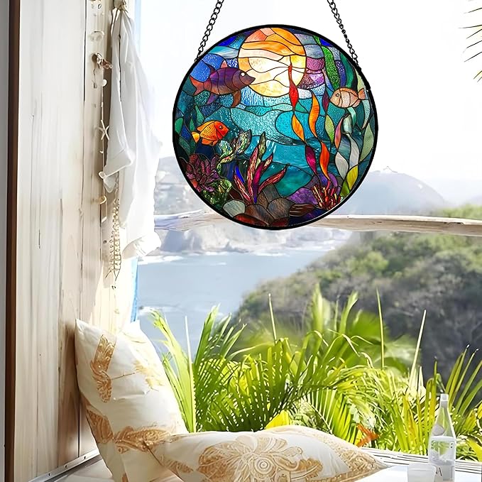 AMDERVEN Stained Glass Window Hanging - Blue Ocean World Small Fish Coral Sun Catcher for Door Garden Home Decor Sea Suncatcher Christmas Mother's Day Birthday Gifts for Women Men Mom Nana 6.3 in
