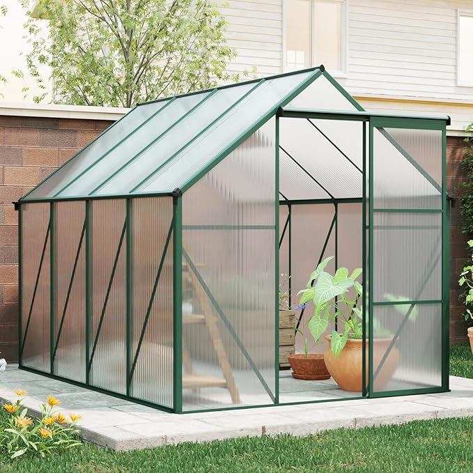 6×8 FT Outdoor Greenhouse for Backyard, Polycarbonate Walk-in Green House with Aluminum Frame, Raised Base, Sliding Door & Adjustable Roof Vent, Greenhouses for Outdoors Winter Use, Green
