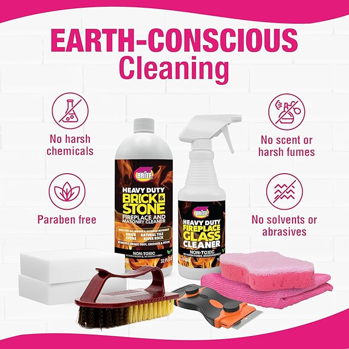 Quick 'n Brite Fireplace Cleaning Kit – Includes 16 oz Fireplace Glass Cleaner, 32 oz Gel Fireplace Cleaner, Scrub Brush, Sponge and Microfiber Towel