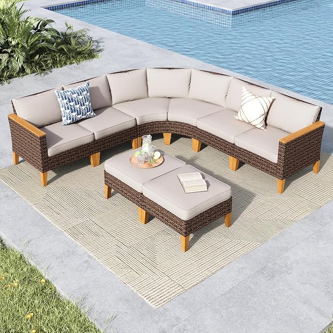 MFSTUDIO 8 Pieces Wicker Patio Furniture Set, All-Weather Rattan Outdoor Conversation Half-Moon Curved Sectional Sofa Set for Garden, 2 x Curved Sofa, 2 x Armless Chair, 2 x Ottomans, 2 x Corner Sofa