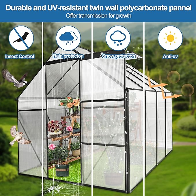 6×8 FT Black Polycarbonate Walk-in Greenhouse for Outdoor Backyard, Heavy-Duty Aluminum Frame with Sliding Door, Gutter System & Adjustable Roof Vent, Green House for Winter Gardening