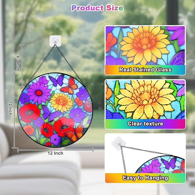 Sunflower Stained Glass Window Hanging - Wildflowers Suncatcher for Indoor Window, Floral Stained Glass Decor for Garden, Home, Outdoor, Sun Catchers Birthday Gift for Women,Lovers and Mom 12 Inch