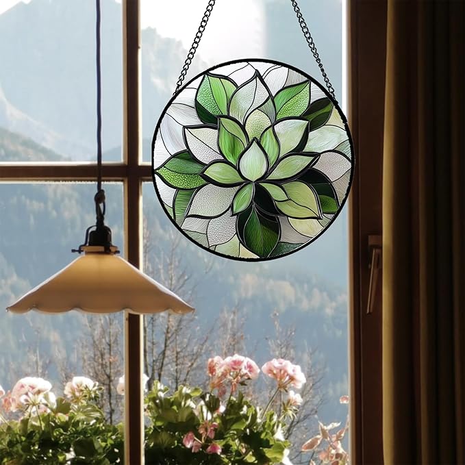 CRISGIF Stained Glass Window Hanging - Ireland Green Plants Suncatcher for Doors Garden Succulent Sun Catchers Decor Mother's St. Patrick's Day Birthday for Women Men Mom Nana 15 in