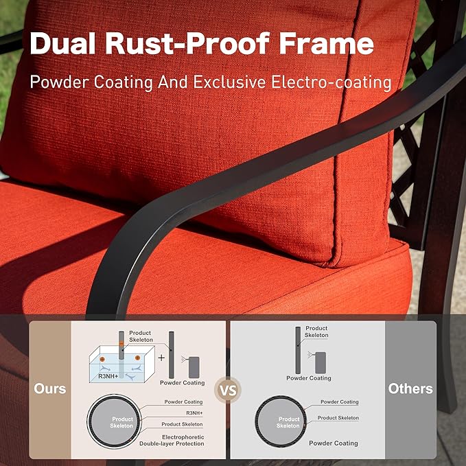 SUNSHINE VALLEY 4 Piece Metal Outdoor Patio Furniture Sets with Firepit Table, Patio Conversation Sets 1 2-Seater Sofa, 2 Rocking Sofa with 5.75" Cushion Black Backyard Furniture for Deck, Rust Red