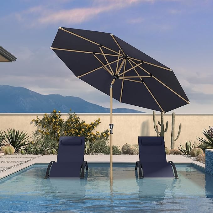 PURPLE LEAF 9 Feet Patio Umbrella with Base Market Umbrella Round Outdoor Umbrella with Push Button Tilt & Crank and 8 Ribs Aluminum Outdoor Table Umbrella for Garden Deck Balcony, Navy Blue