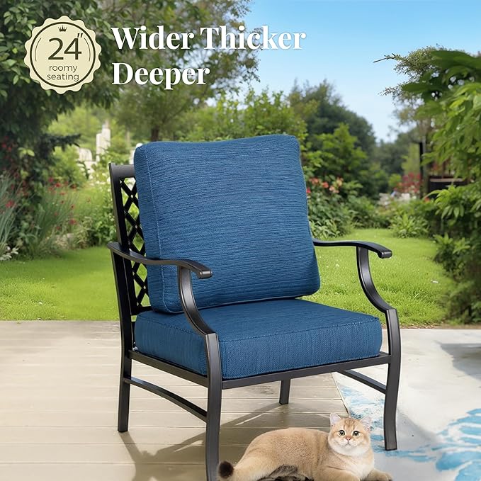 Patio Furniture Set, 4 Pcs Metal Outdoor Conversation Set, 2 Single Chairs and 3 Seater Sofa with 5.75" Extra Thick Cushion and Gas Fire Pit Table for Backyard Deck, Gemstone Blue