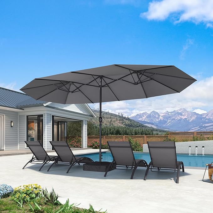 PURPLE LEAF 15ft Patio Market Umbrella with Base Double-Sided Rectangle Outdoor Table Sun Umbrellas with Crank 12 Heavy Duty Sturdy Ribs for Pool Beach Deck Backyard Light Gray