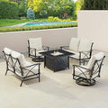 Oakland Living Black Aluminum Patio Fire Table Set with Two Deep Seating Loveseat with Cushions and Two Club Chairs
