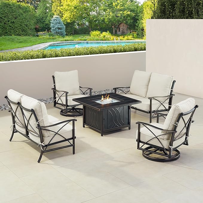 Oakland Living Black Aluminum Patio Fire Table Set with Two Deep Seating Loveseat with Cushions and Two Club Chairs