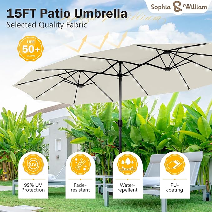 Sophia & William 15 ft Extra Large Patio Umbrella with Solar Lights, Rectangular Outdoor Umbrella with Base Included, Market Umbrella Double-sided Heavy Duty for Pool Garden Backyard, Ivory White