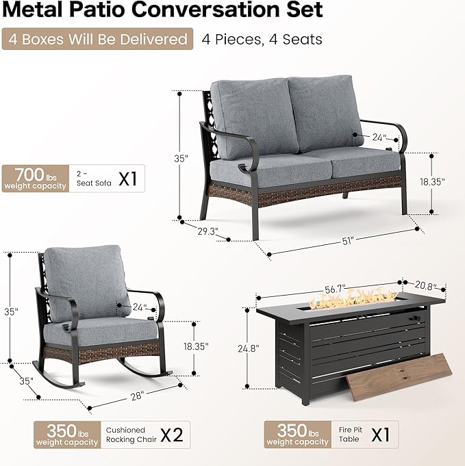 SUNSHINE VALLEY 4 Piece Metal Outdoor Patio Furniture Sets with Firepit Table, Patio Conversation Sets 1 2-Seater Sofa, 2 Rocking Sofa with 5.75" Cushion Black Backyard Furniture for Deck, Gray
