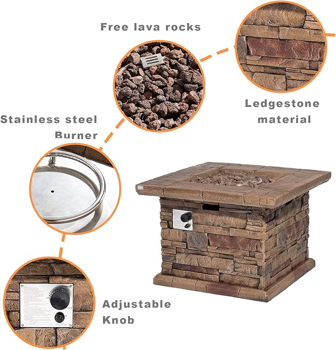 COSIEST Outdoor Propane Fire Pit Table w Faux Brown Ledgestone 32-inch Square Fire Table, Certified, 50,000 BTU Stainless Steel Burner, Free Lava Rocks, Fits 20lb Tank Inside