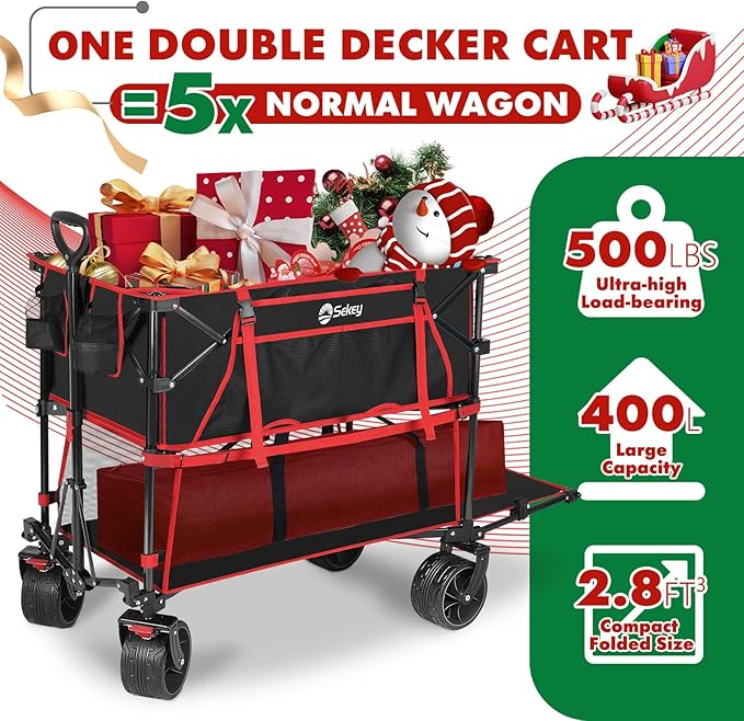400L Large Capacity Folding Double Decker Wagon with Brakes, 48" Extra Long Extender Cart, 500lbs Heavy Duty Collapsible Wagons, All-Terrain Big Wheels for Camping, Sports, Shopping. Red&Black