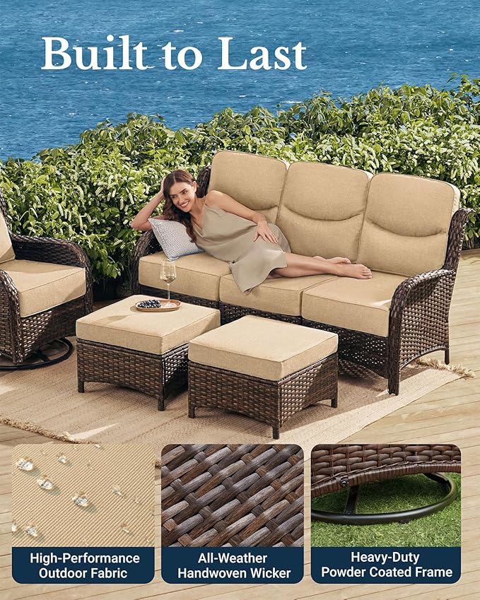 HILLGA Luxury Patio Furniture Set with 6-inch Thick Cushion, Outdoor Couch, Loveseat and High Back Swivel Rocker Patio Chairs, 7PCS Wicker Conversation Set for Deck Yard and Poolside, Beige (V2)