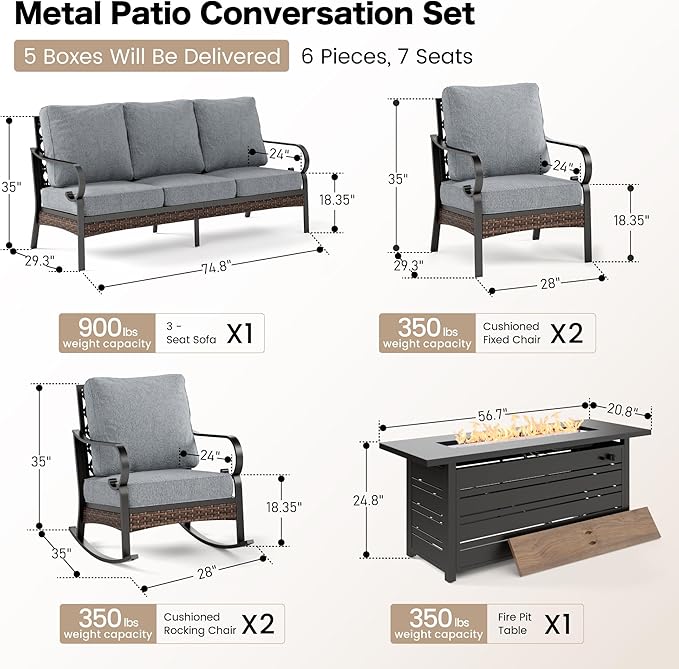 SUNSHINE VALLEY 6 Piece Black Metal Outdoor Patio Furniture Sets with Firepit Table, Patio Conversation Sets 1 3-Seater Sofa, 2 Leg Sofa and 2 Rocking Chair with 5.75" Cushion for Backyard Deck, Gray