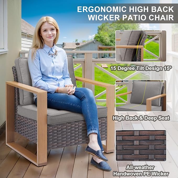 Belord Patio Wicker Chairs Set of 2-350 LBS Weight Capacity Wicker Outdoor Club Chair Set with Metal Wide Armrests for Porch Deck Sunroom Backyard