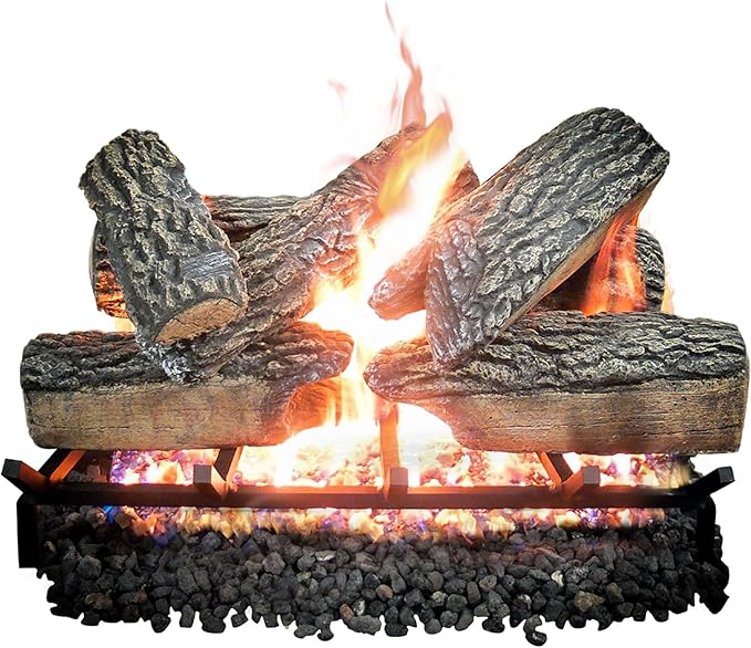 24" Premium Gas Logs - for Vented Fireplaces, Natural Gas or Liquid Propane - Blazing Oak Design (Logs Only)