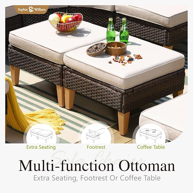 Sophia & William Patio Furniture Sets, 9 Piece Sectional Outdoor Rattan Wicker Sofa, All Weather Patio Conversation Set for Deck Backyard Lawn, Outdoor Couch, Beige
