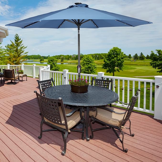 9FT Solar Umbrella 32 LED Patio Umbrellas with Tilt and Crank,Table Market Outdoor Umbrella for Garden,8 Ribs