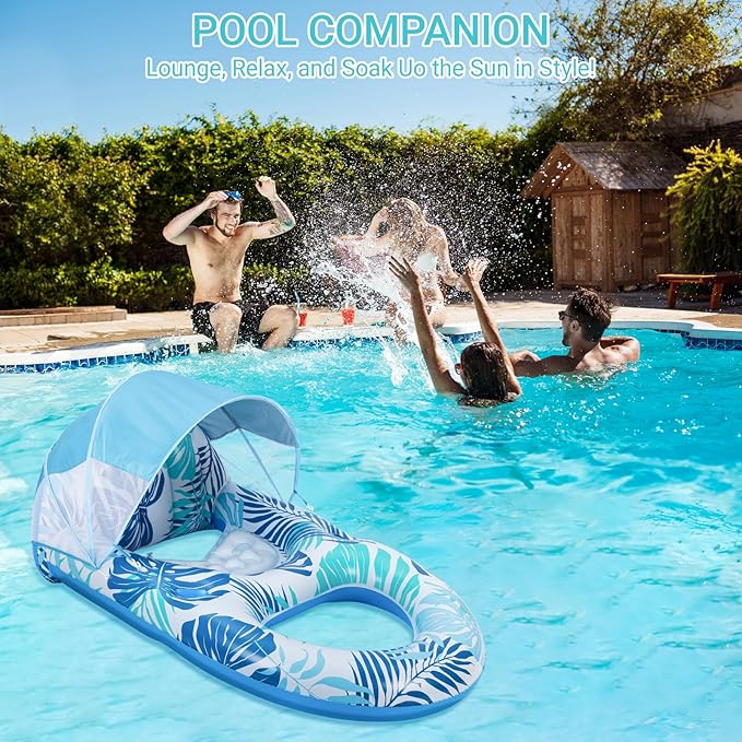 Pool Floats for Adults with Canopy,Grand Extra Large Inflatable Chair Lounger Floaties with Adjustable Sun Shade Cover, Drink Holder,Travel Pool Beach Lake Swim Inflatables Water Floating Rafts