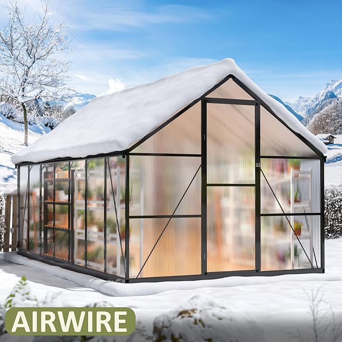 8x14 FT Green House for Outdoors, Quick Setup Polycarbonate Greenhouse with Roof Vent, Aluminum Large Walk-in Greenhouse for Outside Garden Backyard, Black