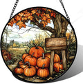 DASTOLL Stained Glass Window Hanging Fall Farm Scenery Maple Trees Pumpkin Large 15" - Suncatcher Door Garden Kitchen Sun Catcher Autumn Decor Birthday for Mom Nana Men Woman Friend