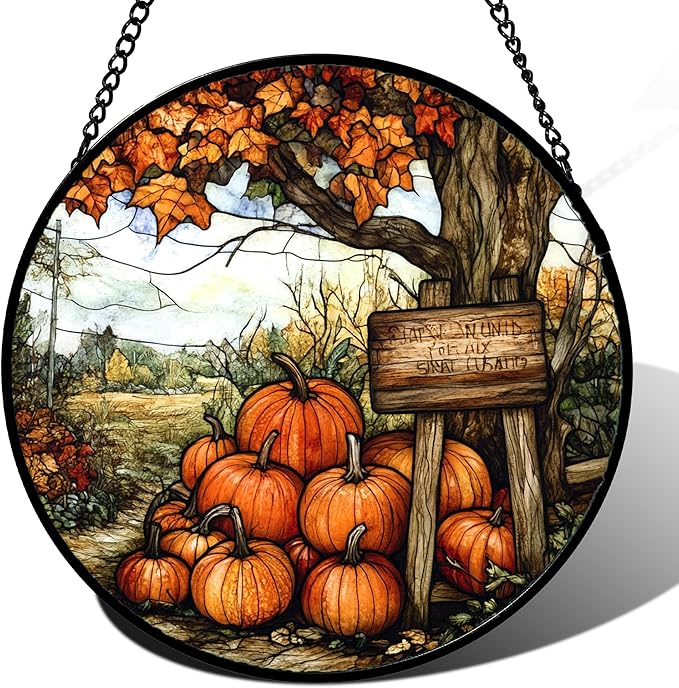 DASTOLL Stained Glass Window Hanging Fall Farm Scenery Maple Trees Pumpkin Large 15" - Suncatcher Door Garden Kitchen Sun Catcher Autumn Decor Birthday for Mom Nana Men Woman Friend