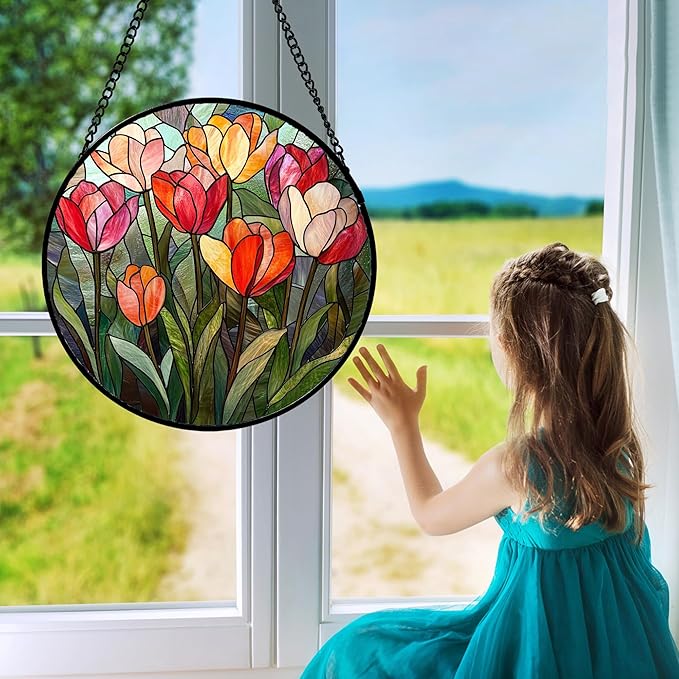 QZQCBLC Stained Glass Window Hanging Red and Pink Tulips 6.3" - Plant Suncatcher Door Garden Flower Sun Catcher Home Decor Birthday Christmas for Mom Woman Wife Friend Nana