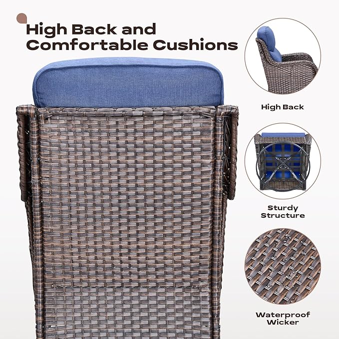 Rilyson Wicker Outdoor Patio Furniture Set - 6 Piece Patio Conversation Sets with Swivel Rocker Chairs, Ottomans, Sofa and Side Table, 6 inch Cushions, Waterproof Wicker, for Porch Deck Brown/Blue